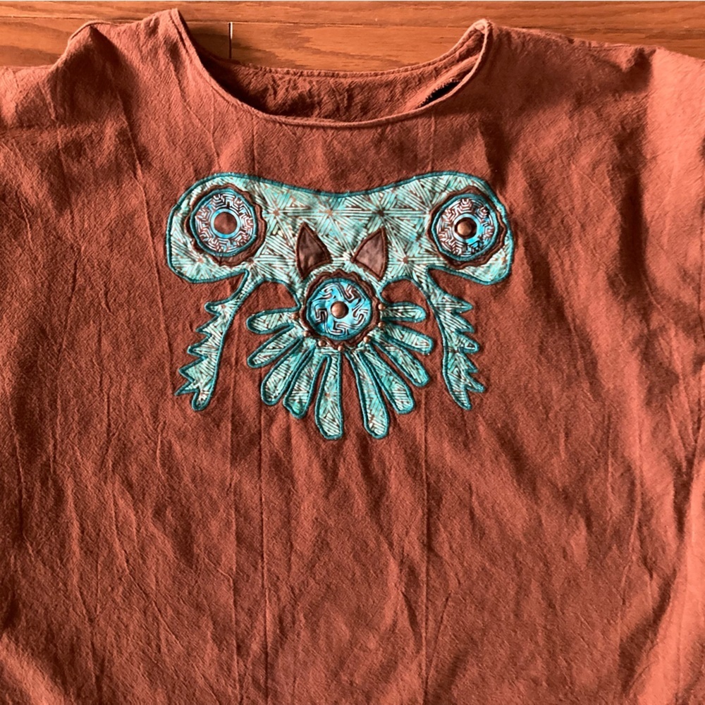 Alfredos Wife SZ L tunic top Brown Turquoise studded Appliqué Bling Vintage - Picture 7 of 9